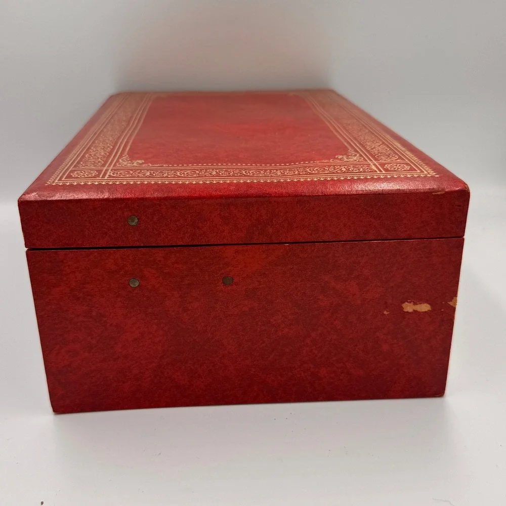 Vintage Red Faux Leather Jewelry Box Gold Filigree 3-Tier Cantilever Drawer